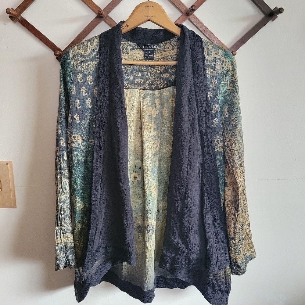 Citron Silk Blend Open Cardigan Shawl Lightweight Blue Green Pattern Small S